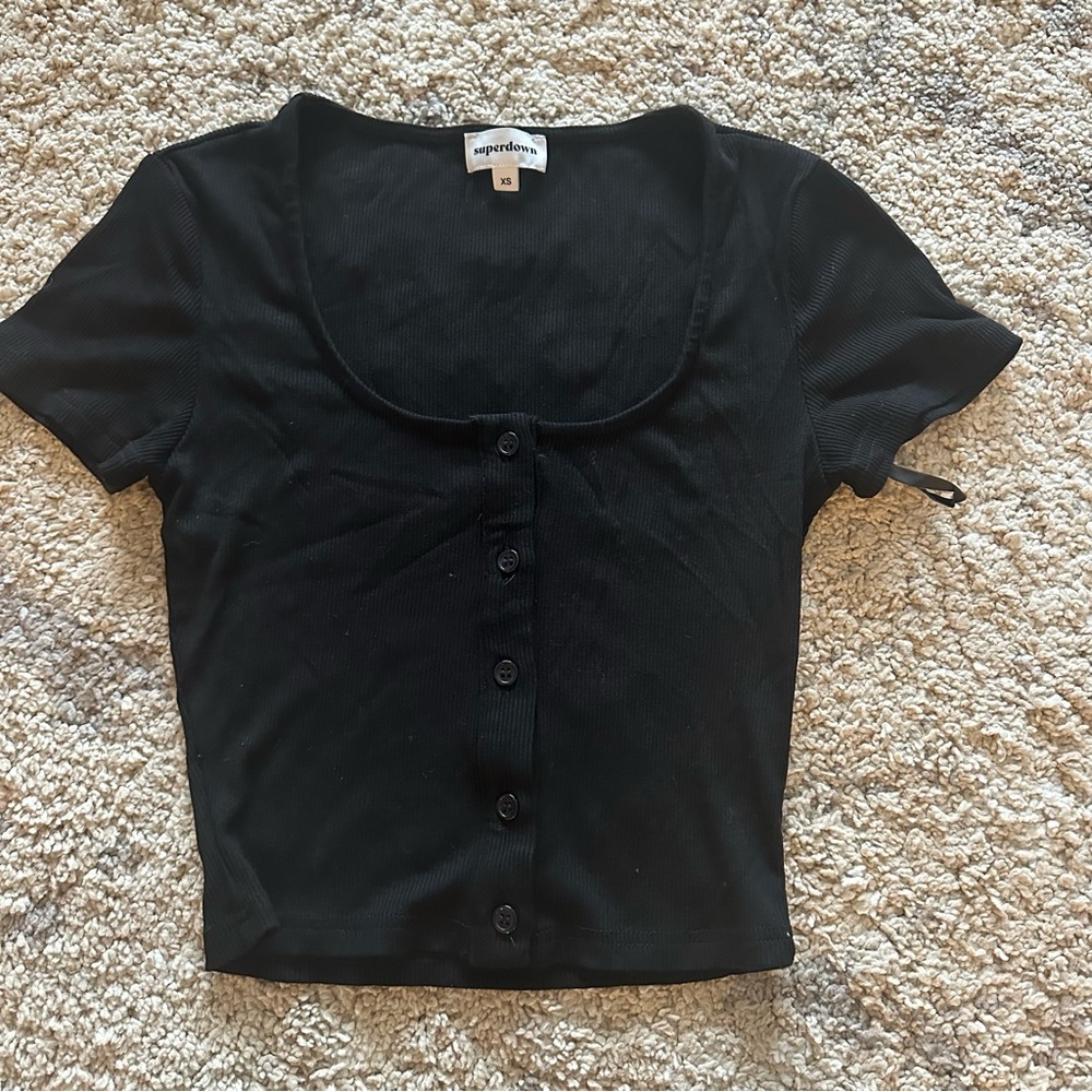 Superdown Black Ribbed Henley Tee